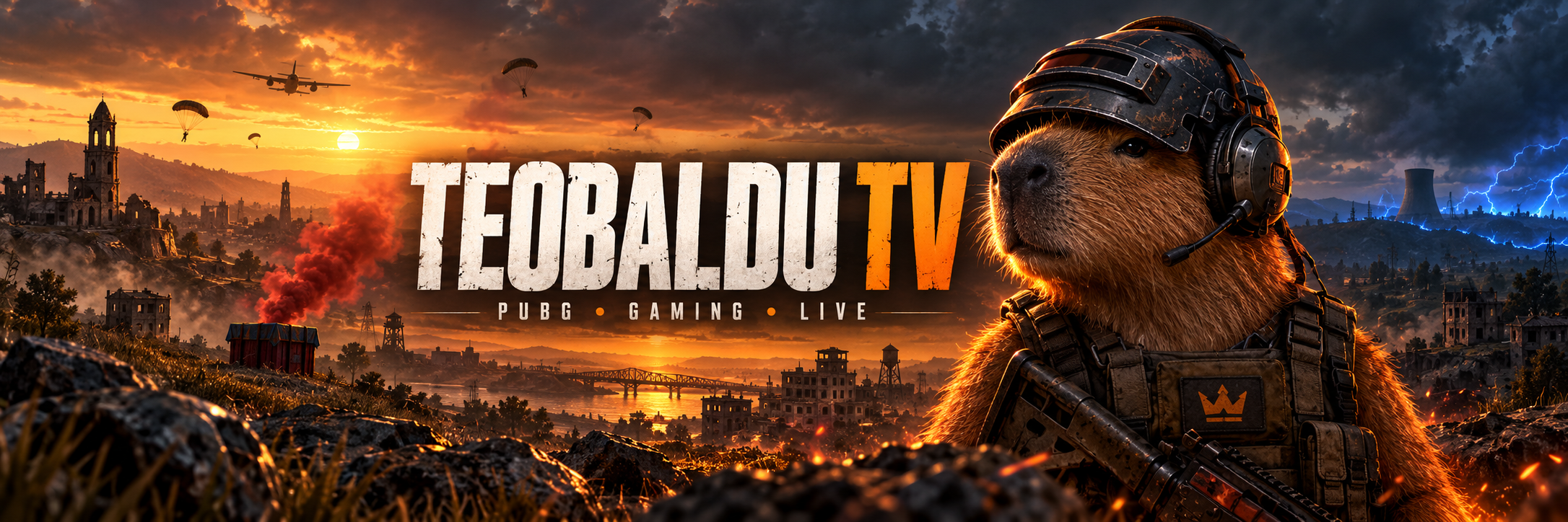 TeobalduTV: капибара в боевом шлеме на фоне поля боя PUBG